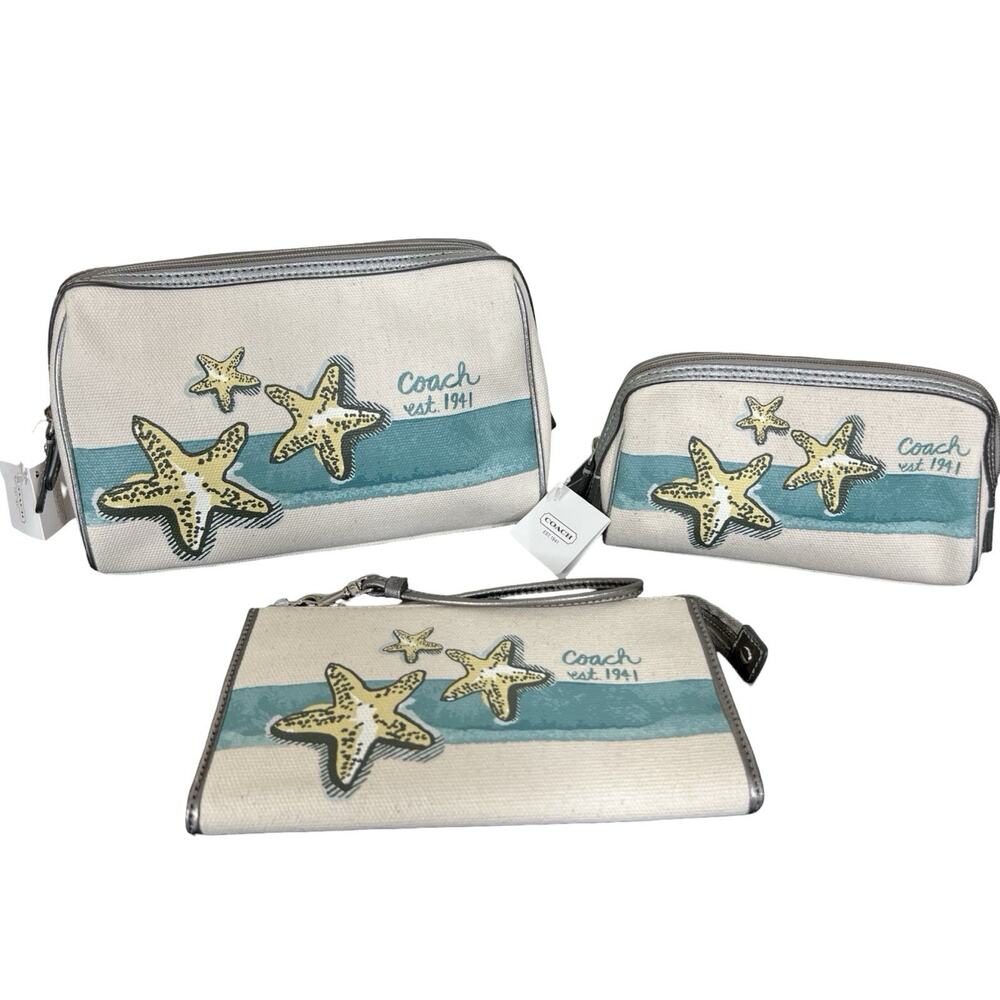 NWT Coach Starfish Beach Tote Canvas Set Zip Wallet Make Up Case Brand New Rare - Picture 8 of 16